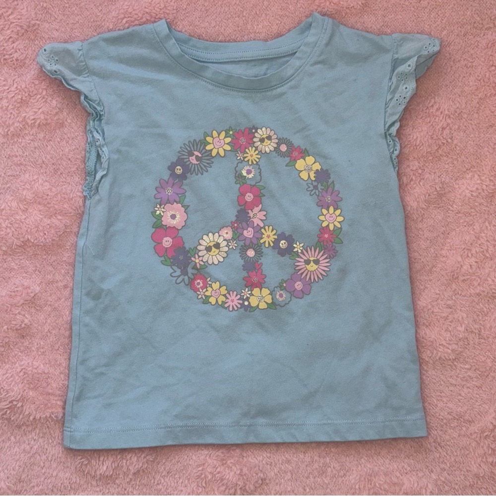 Girls Blue 365 Kids Size 6 Flower Peace Sign Casual School Play Tee Shirt Top